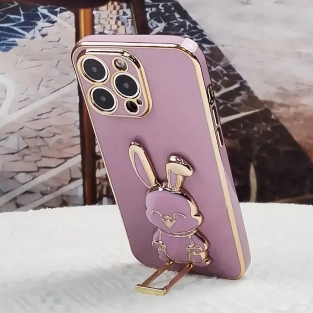 💜Purple & Gold Shockproof/Lense Protect Trim🐰iPhone Case w/Bunny Stand ☆》NWT《☆